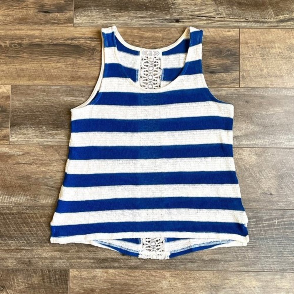 Pink Rose Knit Striped Crochet Lace Back Tank Blue L